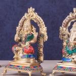 Pure Brass Ganesha Lakshmi Idol Pair with Meenakari Stonework - 8" Height